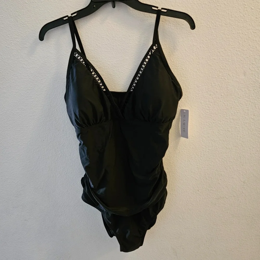 KI LAPHEE Black‎ One Piece Swimsuit Tummy Control V Neck Bathing Suit size XL